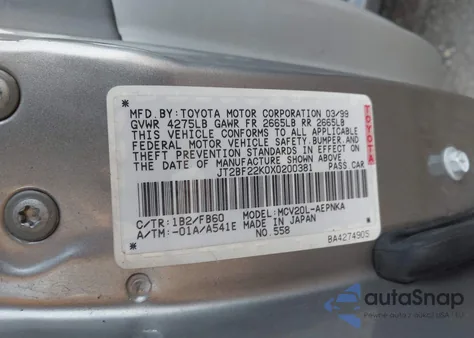 1999 Toyota Camry Le V6 z USA, uszkodzony, nr VIN JT2BF22K0X0200381